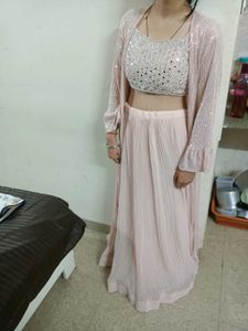 Blush Sequin Crop Top, Palazzo Pants & Shrug Set