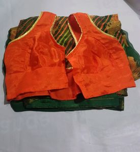 Green Saree With Orange Contrast Blouse