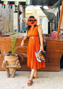 Orange Pleated Midi Dress