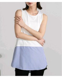 Canmart Women White Blue Striped Cotton Tank Top
