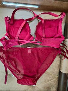 Wine Red Push Up Back Lace Bra Underwear Set
