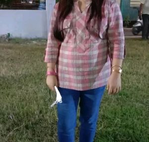 Mandarin collar Pink Checked Women Shirt