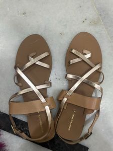 Tan And Gold Criss Cross Flat Sandal Brand New