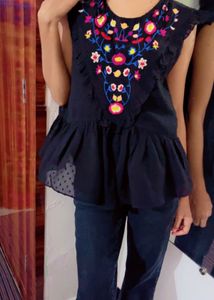 Black Embroidered Peplum Top