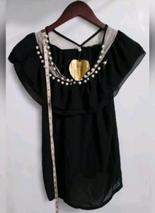 Black Sheer Ruffled Top with Keyhole Neckline