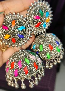 Silver Jhumka With Multi Colour Stone