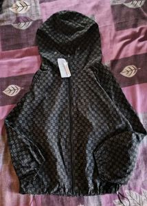 Black Monogram Full-Zip Hooded Windbreaker Jacket