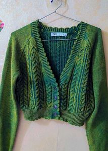 Green Knit Crop Cardigan