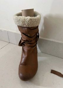 Brown Leather And Fur Heeled Boots