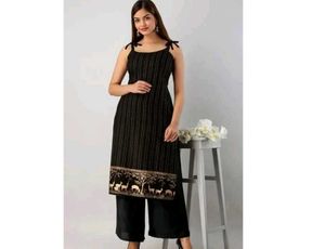 Black Striped Kurti Set with Animal Print