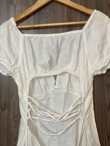 White Backless Dress With Drawstrings