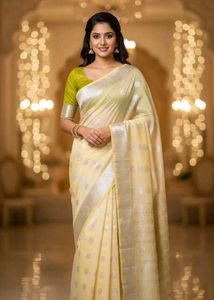 Elegant White And Green Color Silver Zari Saree