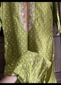 Lime green Silk Yoke embroidered kurta