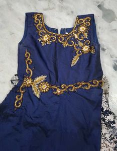 Girls Navy Blue Dress with Gold Embroidery