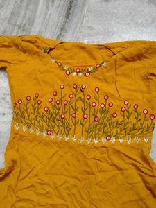 Mustard Thread Work Anarkali Flared Kurti