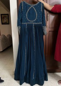 Navy Blue Ethnic Gown, Gold/Pearl Embroidery