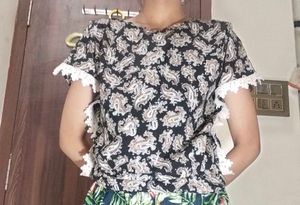 Paisley Print Top with Lace Trim