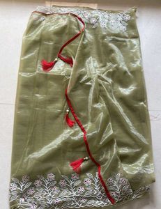 Elegant Olive Green Twill net embroidery  work Sar
