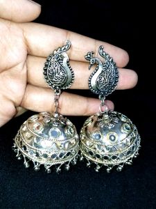 Oxidised Silver Peacock Jhumka Earrings