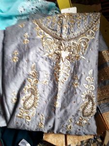 Gray Embroidered Salwar Kameez Material With Tag