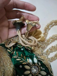Potli Bag: Green Velvet &amp; Gold Beads