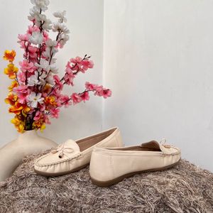 Beige Loafers with Bow Detail