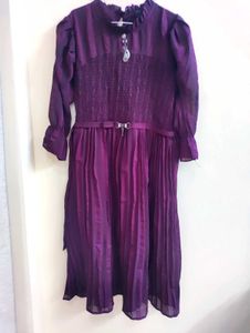 Elegant Plum Georgette Dress With Puff Sleeves
