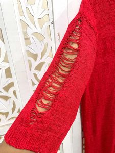 Red Distressed Knit Top C