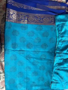 Teal &amp; Blue Silk Saree with Blouse.