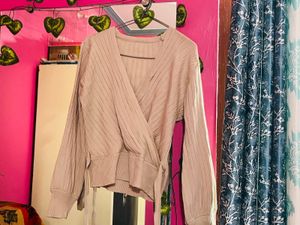Beige Ribbed Wrap Knit Sweater