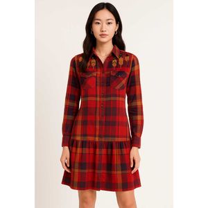 Korean Plaid Embroidered Pleated Dress