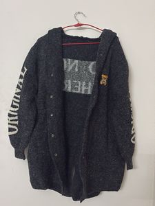 Cozy Grey Cardigan with Teddy Bear