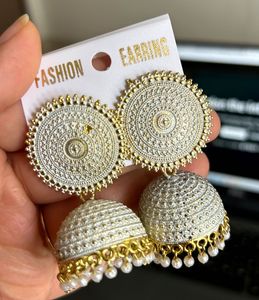 White & Gold Jhumka Earrings