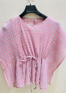 Pink Plaid Pleated Kaaftan Top