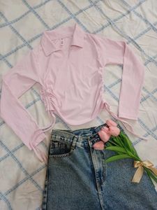 Light pink Collared Top with Adjustable Drawstring