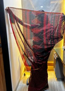 CHANDERI cotton Red &amp; Black   Print Saree