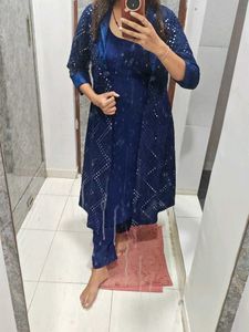 Blue Kurta Set with Long shrug Embellishment