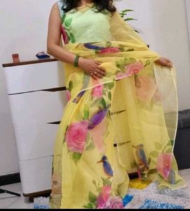 Lemon Yellow Digital Print Organza Saree