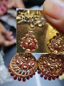 Red &amp; Gold Jhumka Earrings