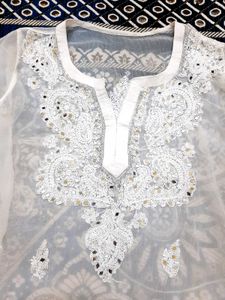 White Colour Georgette Real Minar Work Kurta