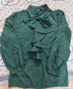 Green Ruffle Korean Top with Back Button Detail
