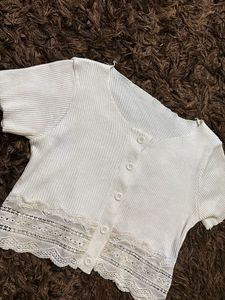 White Ribbed Lace Trim Crop Top