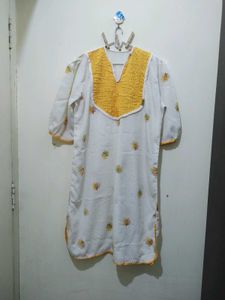Golden Yellow Polka Dot Floral Print Kurta