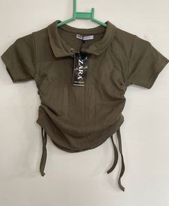 Olive Green Ruched Polo Top