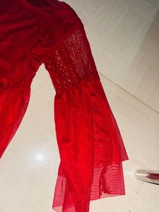 Elegant Red Lace &amp; Net Flared Top