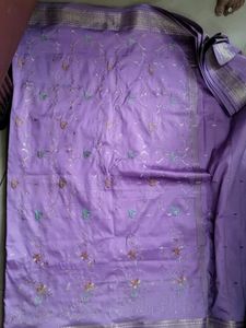 Lavender Saree With Silver Border And Silverbooti