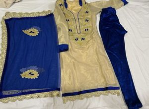 Elegant Beige & Blue Embroidered Salwar Kameez