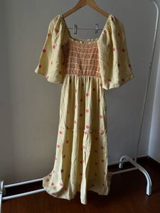 Yellow Embroidered Square neck Maxi Dress