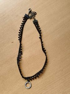 Black Lace Choker with Rhinestone Circle