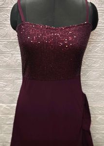 Flarry Maroon Spaghetti Gown With Embroidery